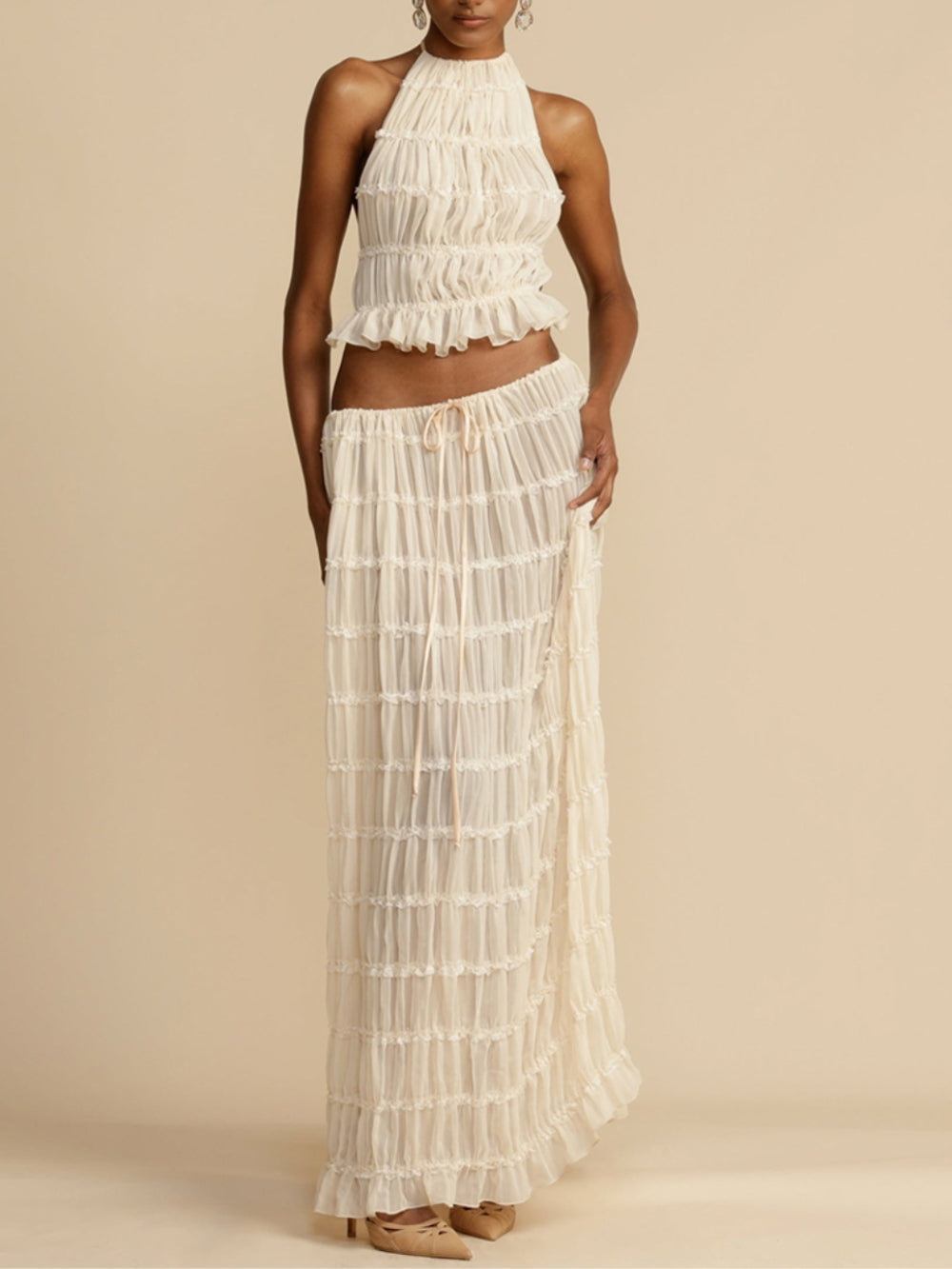 Pleated Drawstring Charm Waist Tiered Maxi Skirt - Riviera London