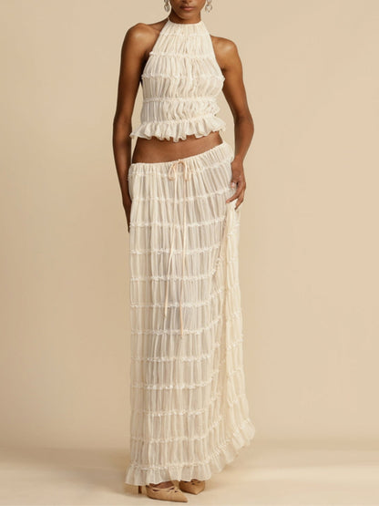 Pleated Drawstring Charm Waist Tiered Maxi Skirt - Riviera London