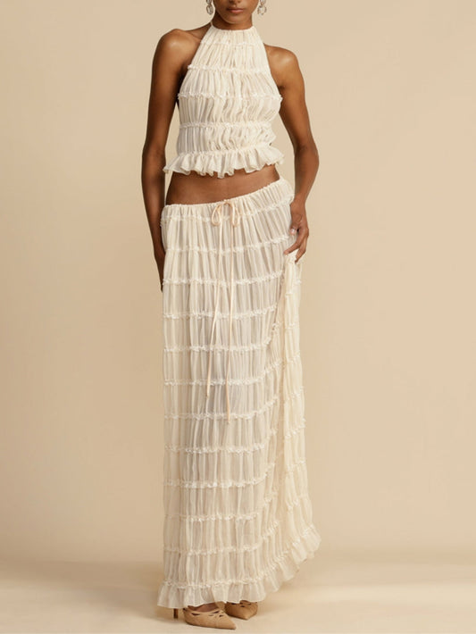 Pleated Drawstring Charm Waist Tiered Maxi Skirt - Riviera London