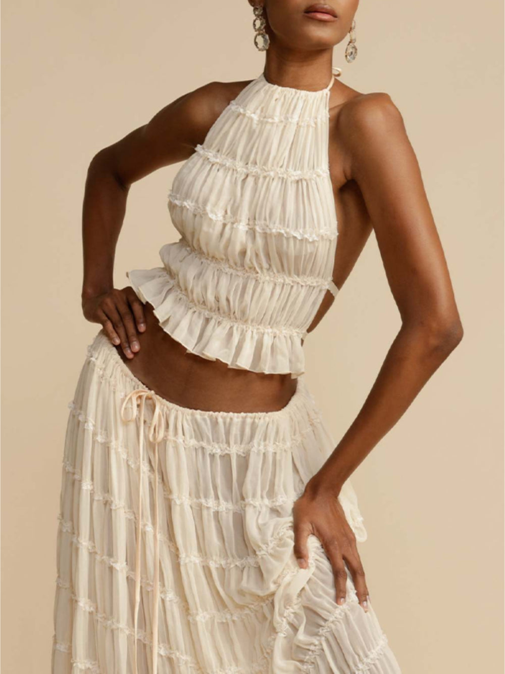 Pleated Drawstring Charm Waist Tiered Maxi Skirt - Riviera London