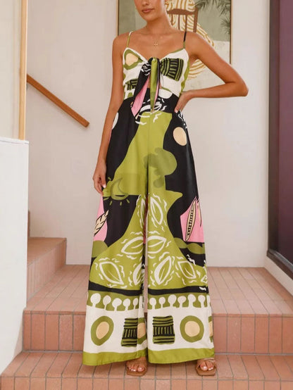 Unique Painted Print Suspenders Wide-leg Jumpsuit - Riviera London
