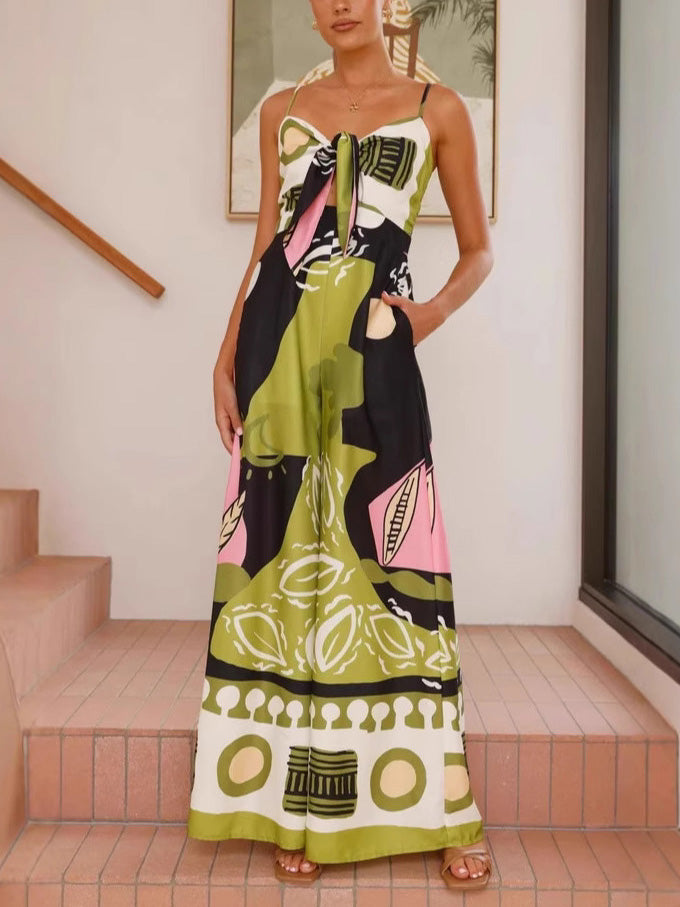 Unique Painted Print Suspenders Wide-leg Jumpsuit - Riviera London
