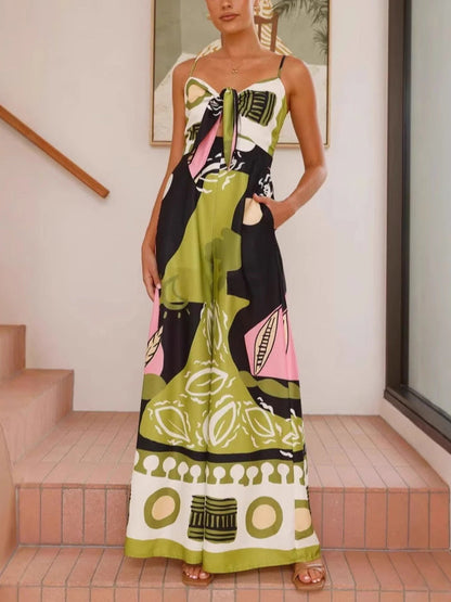 Unique Painted Print Suspenders Wide-leg Jumpsuit - Riviera London