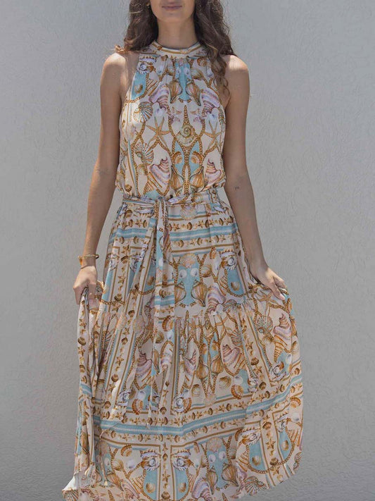 Exquisite Satin Ocean Treasure Print Maxi Dress - Riviera London