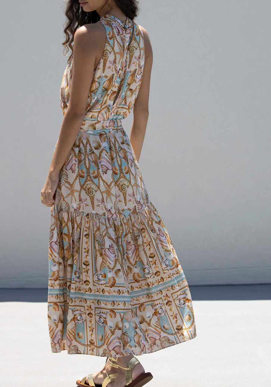 Exquisite Satin Ocean Treasure Print Maxi Dress - Riviera London