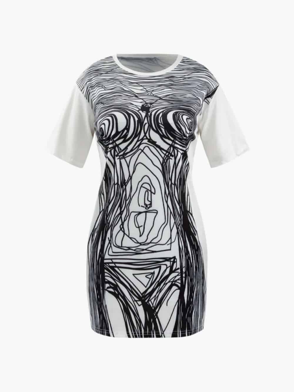 Abstract Line Print Short Sleeve Mini Dress - Riviera London