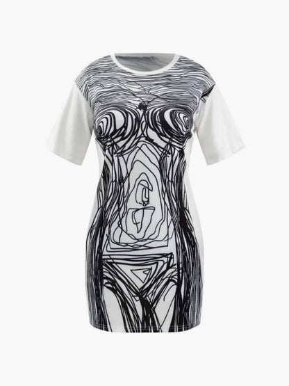 Abstract Line Print Short Sleeve Mini Dress - Riviera London