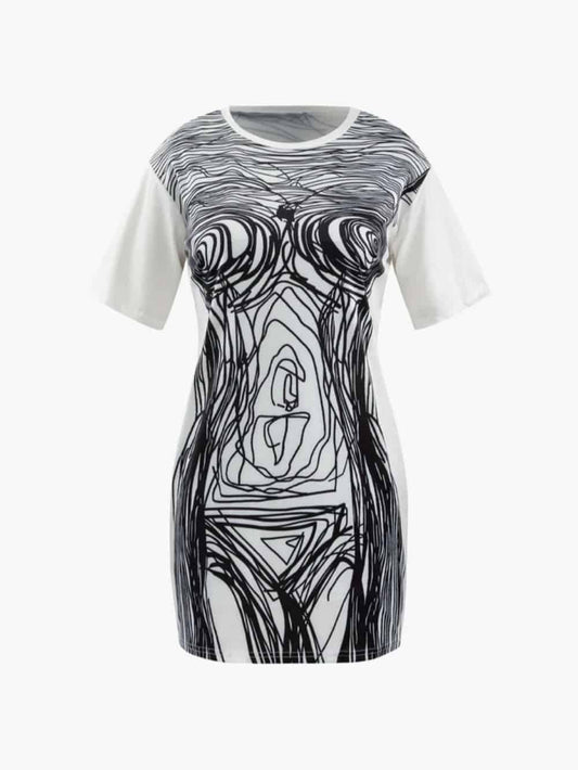 Abstract Line Print Short Sleeve Mini Dress - Riviera London