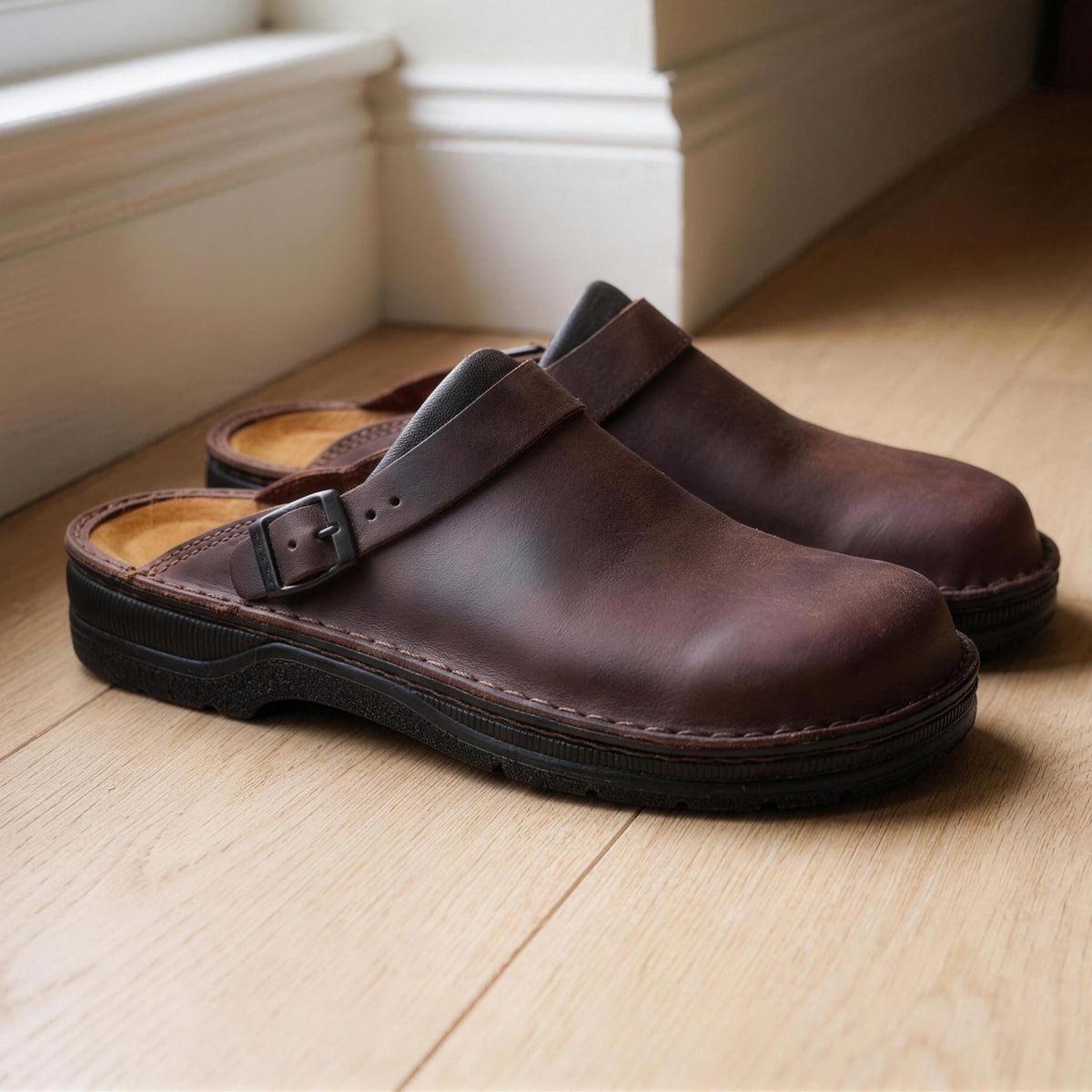 Carter Buckle Clogs - at the door