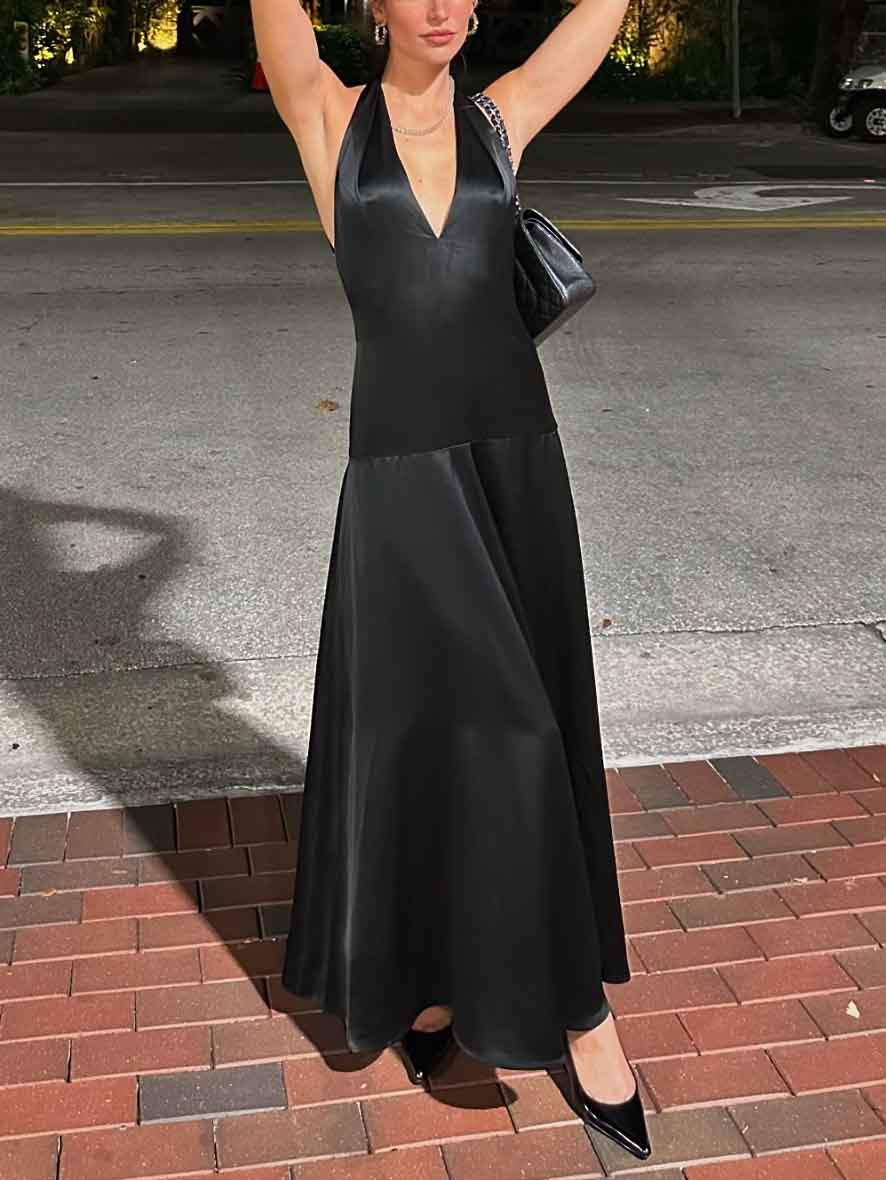 Elegant Deep V Neck Halter Maxi Dress - Riviera London