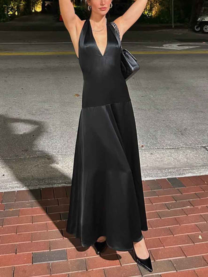 Elegant Deep V Neck Halter Maxi Dress - Riviera London