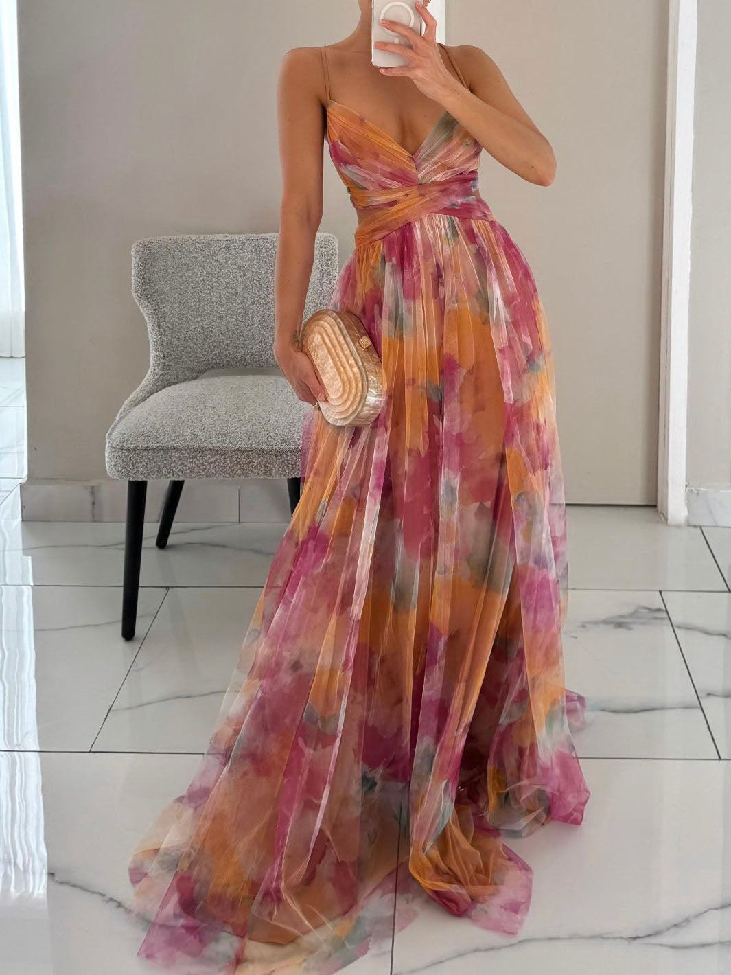 Elegant Painted Floral Print V-Neck A-Line Maxi Dress - Riviera London