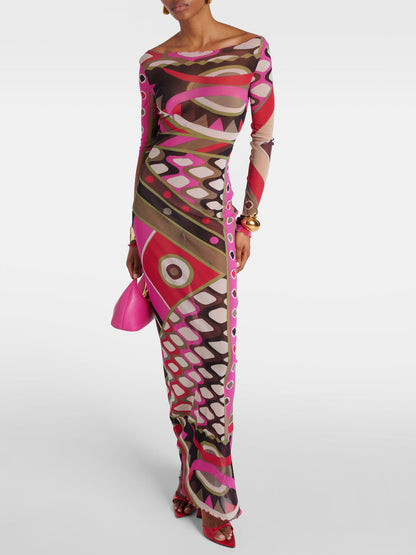 Retro Personality Abstract Print Hip-Wrapped Maxi Dress - Riviera London