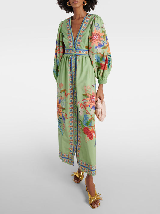 Delicate Floral V-Neck Single Breasted Midi Dress - Riviera London