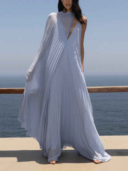 Elegant V-neck Pleated Flowy Maxi Dress - Riviera London