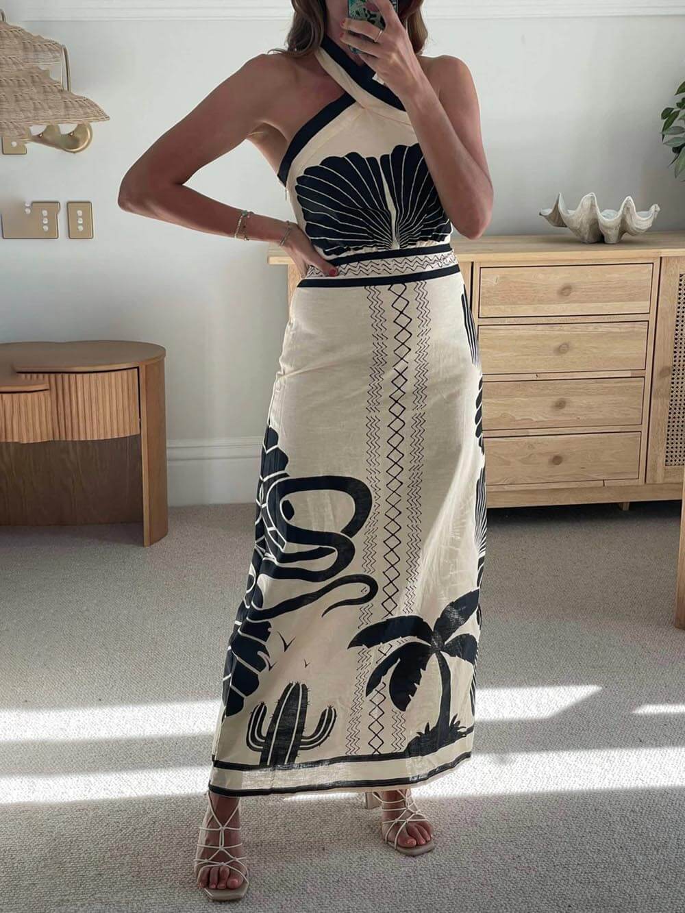 Elegant And Sexy Ethnic Print Slim-Fit Halter Neck Maxi Dress - Riviera London