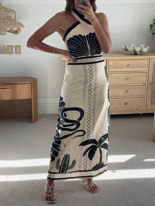 Elegant And Sexy Ethnic Print Slim-Fit Halter Neck Maxi Dress - Riviera London