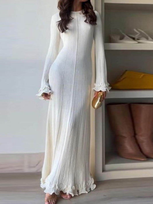Elegant Trumpet Sleeves Rolled Hem Knitted Round Neck Maxi Dress - Riviera London