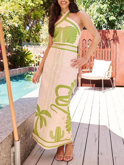 Elegant And Sexy Ethnic Print Slim-Fit Halter Neck Maxi Dress - Riviera London