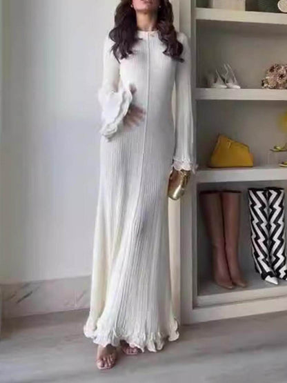 Elegant Trumpet Sleeves Rolled Hem Knitted Round Neck Maxi Dress - Riviera London