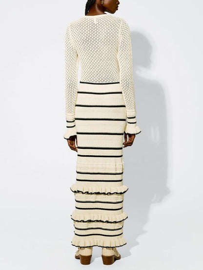 Knit Stripe Ruffle Long Sleeve Maxi Dress - Riviera London