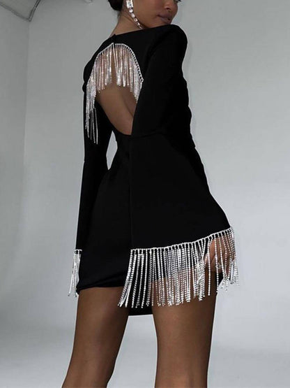 Party Time Imitation Diamond Chain Backless Mini Dress - Riviera London