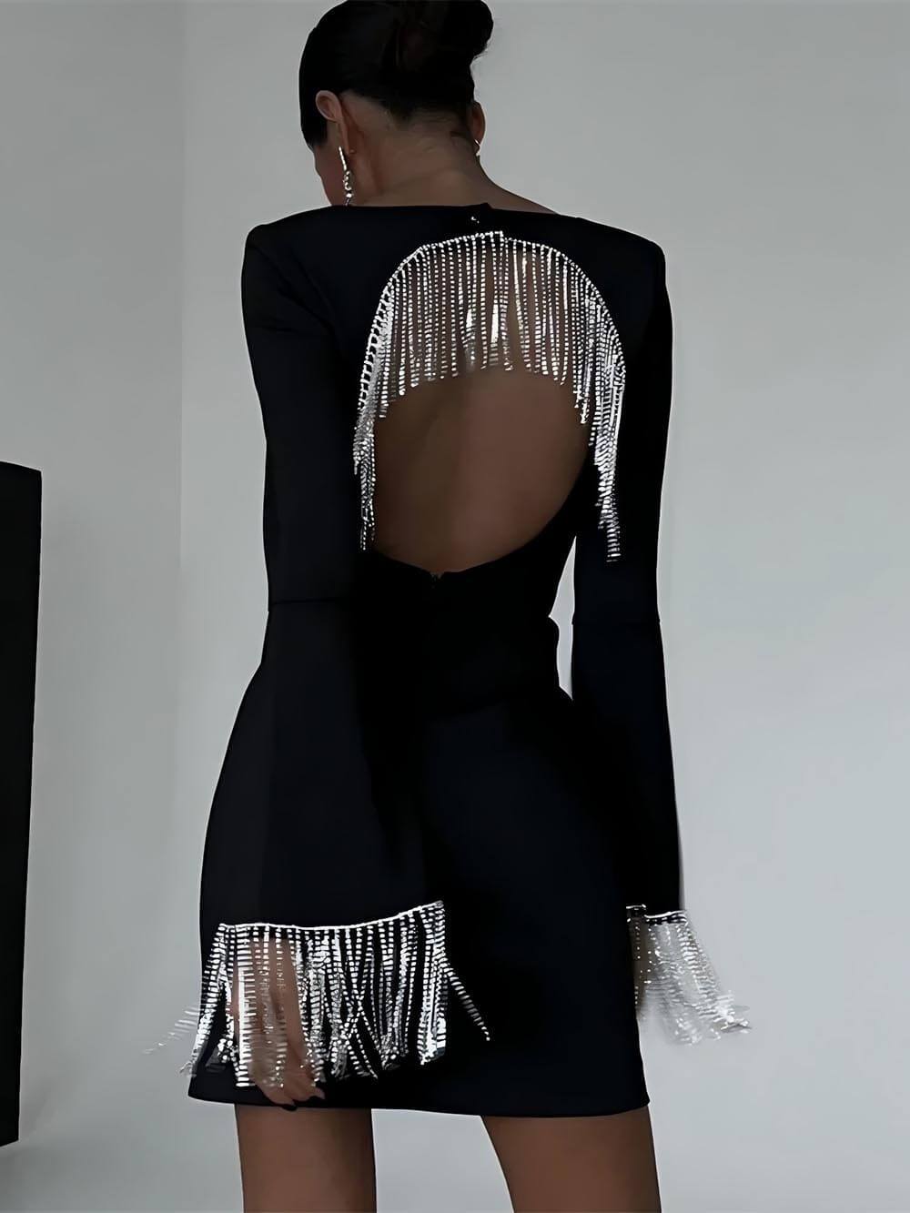 Party Time Imitation Diamond Chain Backless Mini Dress - Riviera London