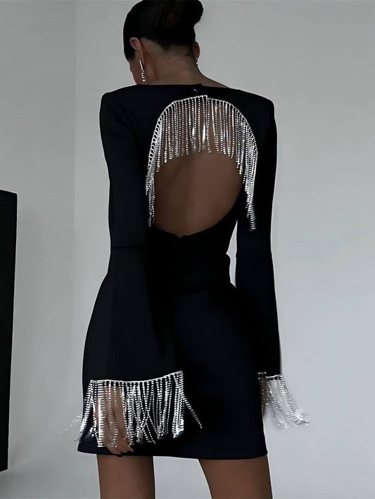 Party Time Imitation Diamond Chain Backless Mini Dress - Riviera London