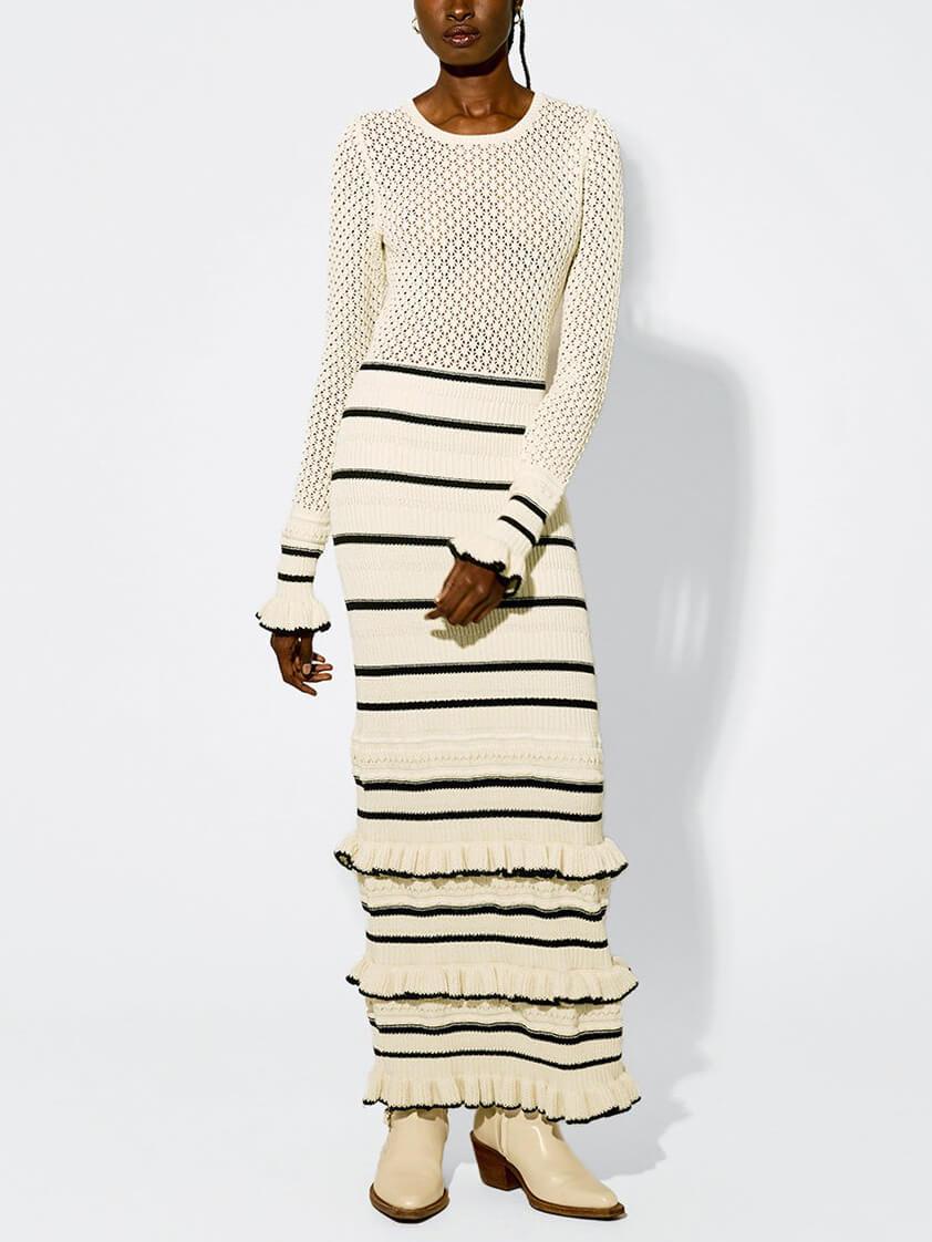 Knit Stripe Ruffle Long Sleeve Maxi Dress - Riviera London