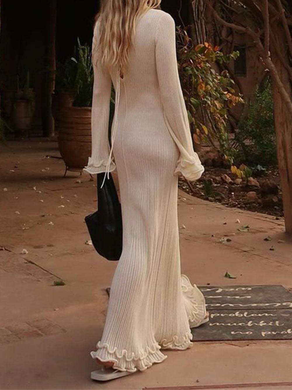 Elegant Trumpet Sleeves Rolled Hem Knitted Round Neck Maxi Dress - Riviera London