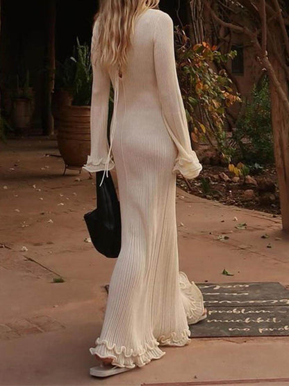 Elegant Trumpet Sleeves Rolled Hem Knitted Round Neck Maxi Dress - Riviera London