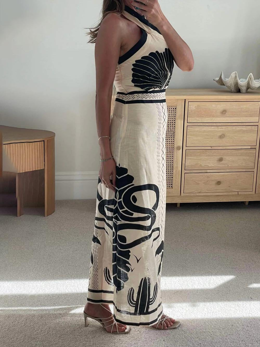 Elegant And Sexy Ethnic Print Slim-Fit Halter Neck Maxi Dress - Riviera London
