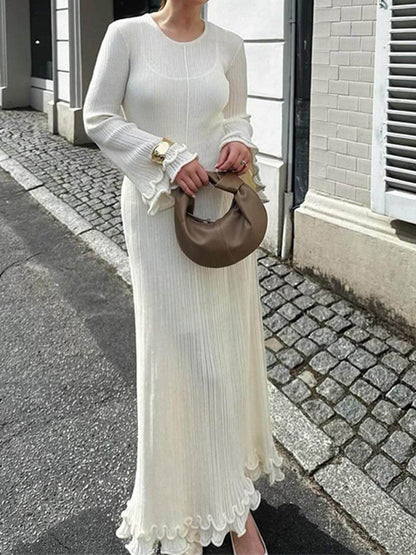 Elegant Trumpet Sleeves Rolled Hem Knitted Round Neck Maxi Dress - Riviera London